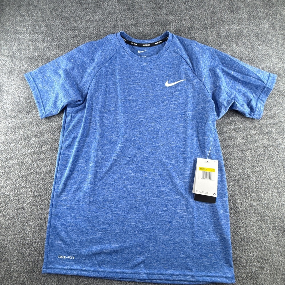 Nike Swim Men Dri-FIT Blue Heather Short Sleeve Rash Guard Shirt NWT S NESSA590